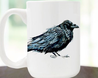 Raven Coffee Mug Watercolor Illustration, Corvid Bird Illustration, Blackbird Watercolor Art, Raven Mug, Crow Raven Coffee Mug