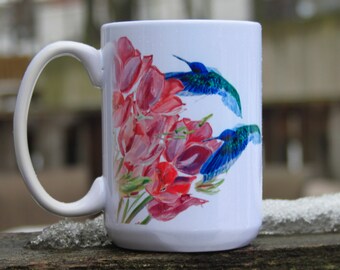 Hummingbirds Mug, Bird Coffee Mug with flowers, Flower Mug, Gift for mom, 15 oz Bird mug, Ceramic Coffee Mug with Hummingbirds, Hummmingbird