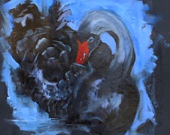 Black Swan Oil Painting, Black Swan bird, black swan wall art, black swan, swan oil painting, peaceful oil painting, original swan painting