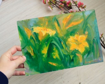 Day Lilies Oil Painting, Bright Yellow Flower Painting, Original Lilly Oil Painting on paper