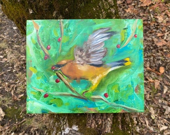 Oil Painting Cedar Waxing Bird, Cedar Waxwing painting, Bird  Art, Original Bird Painting in greens, original bird painting 8 x 10, Bird Art