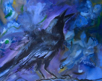 Original Raven Painting in purple, Raven Wall Art, Framed Raven Art, Gothic Raven oil painting on paper, Framed dark painting, dark bird