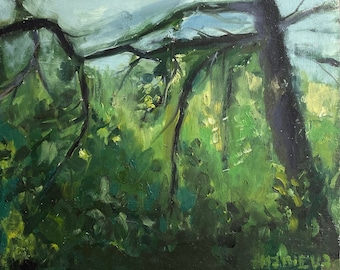 Original Wald Malerei, Wald Ölgemälde, grüne Wald Ölgemälde, Friedliche Natur Plein Wandkunst, Natur Kunst, kleine Naturmalerei