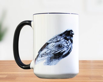 Raven Coffee Mug Drawing, Corvid Bird Drawing, Raven Graphite Drawing, Coffee Bird Gift, Coffee Bird Mug, Dark Art Mug, Bird Gift, Crow Art