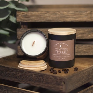 Coffee House 5 oz Candle | Crackling Wooden Wick | Matte Black | Wooden Lid | Fall Scent