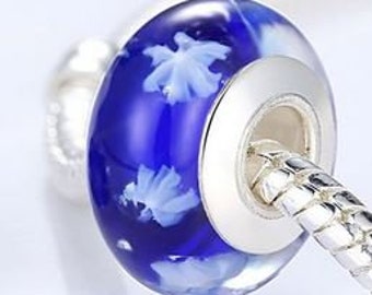 Genuine Sterling Silver Glass Charm Bead - Blue Snowflakes - Fits European and Pandora Charm Bracelet