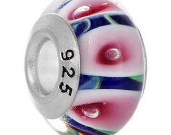 Genuine Sterling Silver Glass Charm Bead - Blue Green Pink - Fits European and Pandora Charm Bracelet