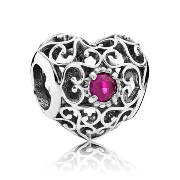 Genuine Sterling Silver Charm - Birthstone Heart - July Ruby - CZ Bead Charm - Fits European and Pandora Charm Bracelet