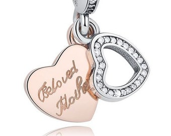 Genuine Sterling Silver Hanging Charm - Silver and Rose Gold Beloved Mother - CZ Bead Charm - Fits European and Pandora Charm Bracelet