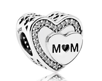 Genuine Sterling Silver Charm - Mom - CZ Bead Charm - Fits European and Pandora Charm Bracelet