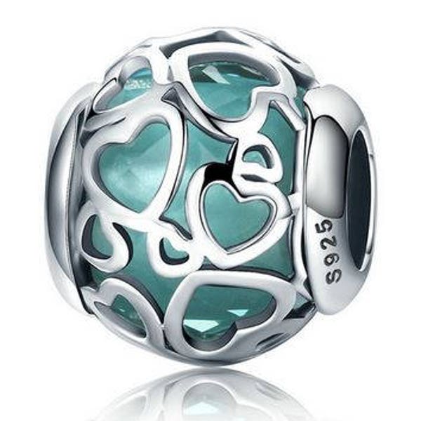 Genuine Sterling Silver Charm - Silver Hearts Encasted Crystal - CZ Bead Charm - Fits European and Pandora Charm Bracelet