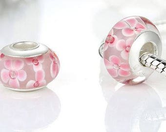 Genuine Sterling Silver Glass Charm Bead - Pink Flower - Fits European and Pandora Charm Bracelet