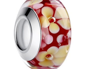 Genuine Sterling Silver Glass Charm Bead - Red Yellow Flowers - Fits European and Pandora Charm Bracelet
