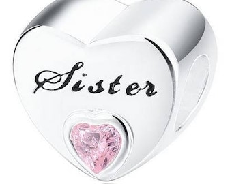 Genuine Sterling Silver Charm - Sister Heart - CZ Bead Charm - Fits European and Pandora Charm Bracelet