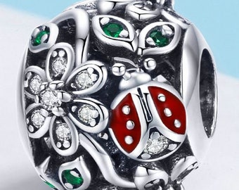 Genuine Sterling Silver Charm - Ladybird Garden - CZ Enamel Bead Charm - Fits European and Pandora Charm Bracelet
