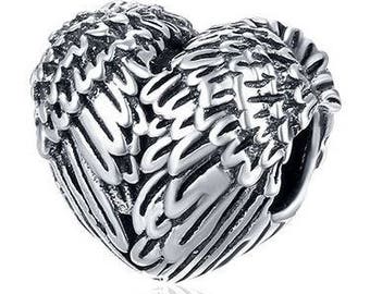 Genuine Sterling Silver Charm - Angel Wings Heart - Bead Charm - Fits European and Pandora Charm Bracelet