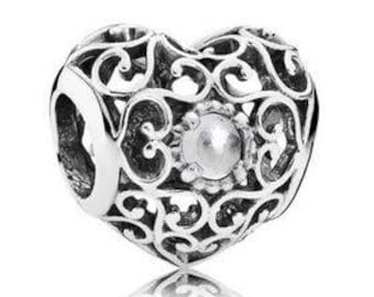 Genuine Sterling Silver Charm - Birthstone Heart - April Diamond - CZ Bead Charm - Fits European and Pandora Charm Bracelet