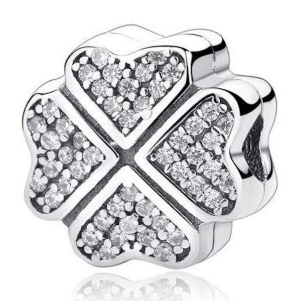 Genuine Sterling Silver Charm - Crystal Petals of Love - CZ Clip Bead Charm - Fits European and Pandora Charm Bracelet