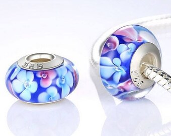 Genuine Sterling Silver Glass Charm Bead - Blue and Pink Flower - Fits European and Pandora Charm Bracelet