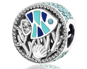Genuine Sterling Silver Charm - Fish in the Ocean - CZ Bead Charm - Fits European and Pandora Charm Bracelet