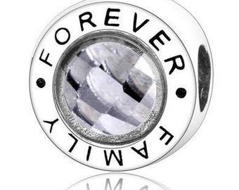 Genuine Sterling Silver Charm - Forever Family - CZ Bead Charm - Fits European and Pandora Charm Bracelet