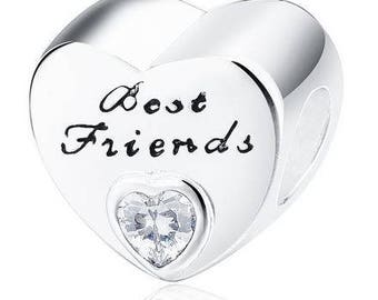 Genuine Sterling Silver Charm - Best Friends Heart - CZ Bead Charm - Fits European and Pandora Charm Bracelet