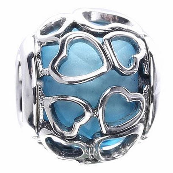 Genuine Sterling Silver Charm - Silver Hearts Encased Blue Crystal - CZ Bead Charm - Fits European and Pandora Charm Bracelet