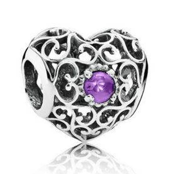 Genuine Sterling Silver Charm - Birthstone Heart - February Amethyst - CZ Bead Charm - Fits European and Pandora Charm Bracelet