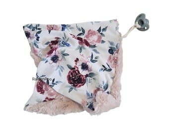 White Roses Baby Lovey | Security Blanket | Cuddle Toy | Paci Holder | Baby Binky | Minky