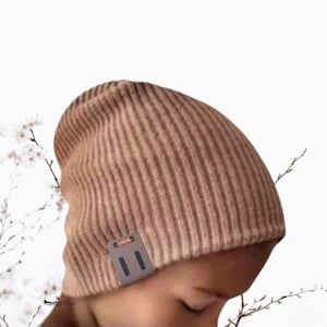 May include: A brown and white striped beanie with a brown leather patch on the side. The patch has two vertical lines on it.