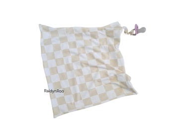 Beige Checker Baby Lovey | Security Blanket | Cuddle Toy | Baby Binky | Paci Holder