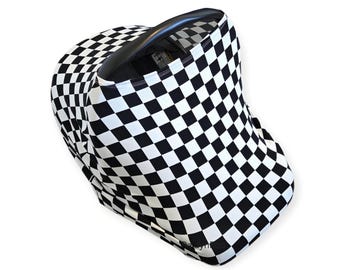Black and White Checker | Baby Car Seat Cover | Stretchy | Multi-Use Canopy | Nursing