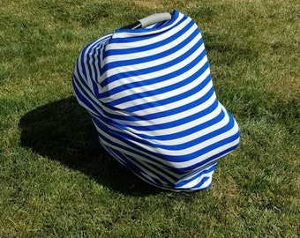 Blue and White Stripe || Stretchy 4 in 1 Baby Car Seat Cover || Nursing Cover