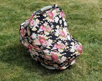 Black Floral || Stretchy 4 in 1 Baby Car Seat Cover || Nursing Cover
