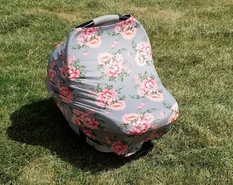 Gray Floral || Stretchy 4 in 1 Baby Car Seat Cover || Nursing Cover