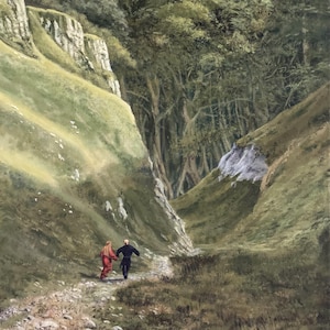 May include: An oil painting depicts a mountain path winding through a valley. Two figures, one in red and one in black, walk away from the viewer. Lush green hills and trees frame the path, with rocky cliffs on the left.