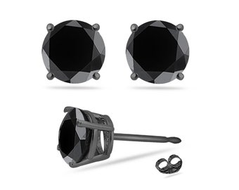 14K Blackened White Gold Stud Earrings with Black Round Shape Diamonds, Available in 1/9 Cts - 4 Cts