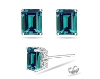 Lab Created Emerald Shape Alexandrite Scroll Stud Earrings in 14K Gold Available in 6x4MM-9x7MM