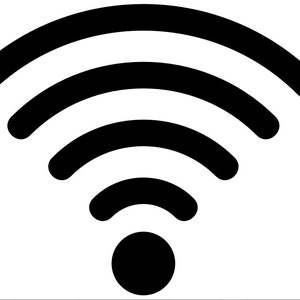 以下が含まれることがあります： 5本のバーと下部にドットが付いた白黒のWi-Fi信号アイコンです。