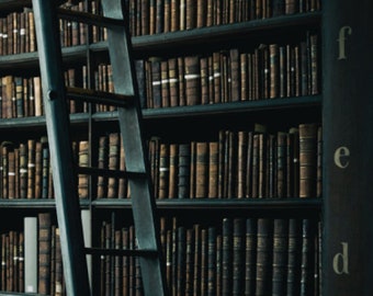 May include: A tall, dark wooden bookshelf filled with numerous antique books featuring worn leather spines in shades of brown and tan. A dark metal rolling library ladder is positioned in front of the shelves. The letter f, e, and d are printed vertically.