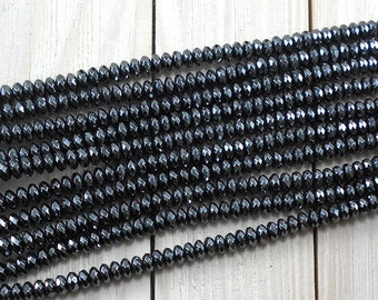 115 pcs Black Rondelle Faceted Synthetic Hematite Beads | Non-magnetic | Aprox Size 6mm x 3mm | 115 pcs / 1 Strand