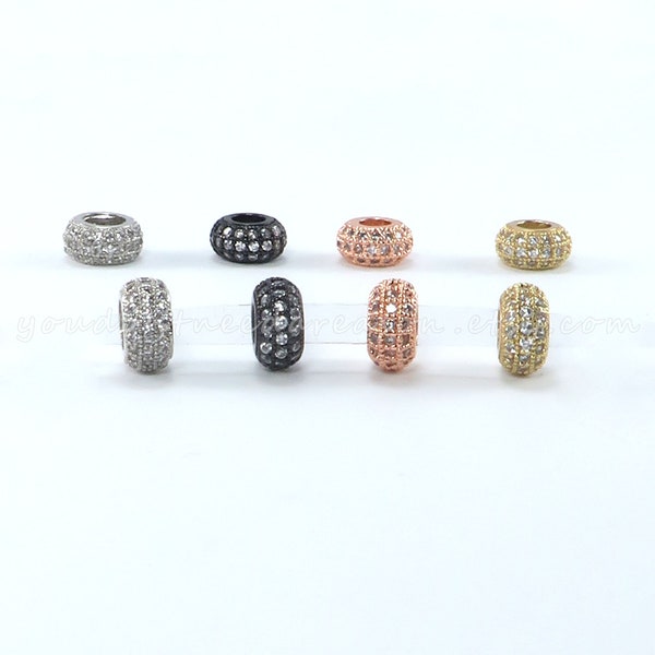 3pcs Large Hole Flat Round Rondelle Brass Cubic Zirconia Beads | CZ Spacer Beads | Approximate size of Beads 8.5x4.5mm