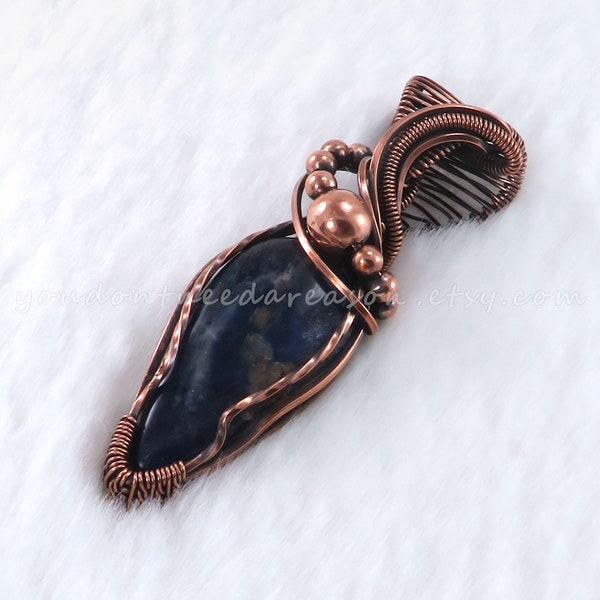 Handcrafted Sodalite Pendant - Antique Copper Wire Wrapped Gemstone Necklace | Unique Sodalite Necklace in Oxidized Copper Wire Wrap
