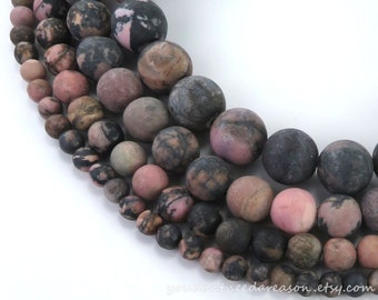 Frosted Natural Rhodonite Round Beads | Pink and Black Gemstone Beads | Matte Rhodonite Beads 4mm 6mm 8mm 10mm
