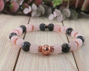 Pink and Black Gemstone Bracelet | Stretch Frosted Rose Quartz and Labradorite Bracelet | Natural Gemstone Bracelet | Elastic Bracelet