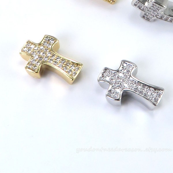 10pcs Brass Cubic Zirconia Cross Beads for Jewelry Making | CZ Curved Cross Spacer Beads | Gold Or Silver Color | Approximate size 14x9x4mm