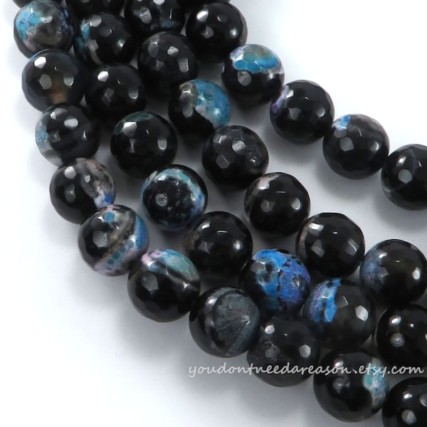 10mm Black and Blue Fire Agate Faceted Round Gemstone Beads for Jewelry Making | Faceted Black Agate Beads | Large Round Gemstone Beads