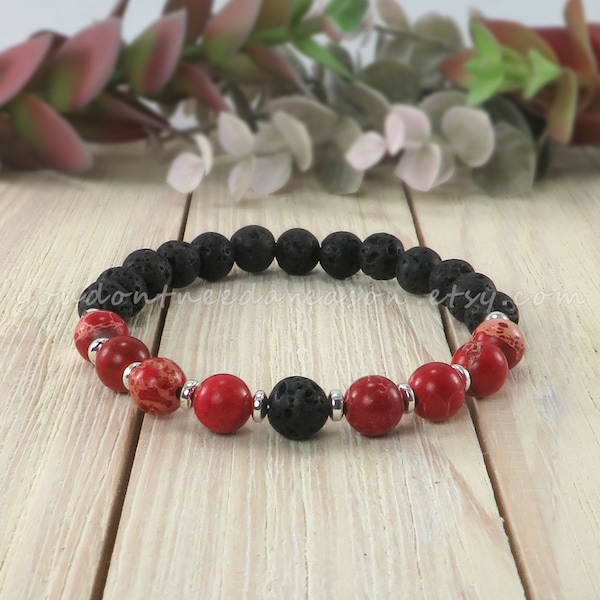 Red Jasper and Lava Stone Diffuser Bracelet | Multi Gemstone Stretch Bracelet | Stacking Gemstone Bracelet