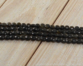 100 pcs Natural Golden Sheen Obsidian Faceted Flat Round Beads | Natural Black Gemstone Beads | 1 Strand / Aprox size 4-4.5x2.5-3mm