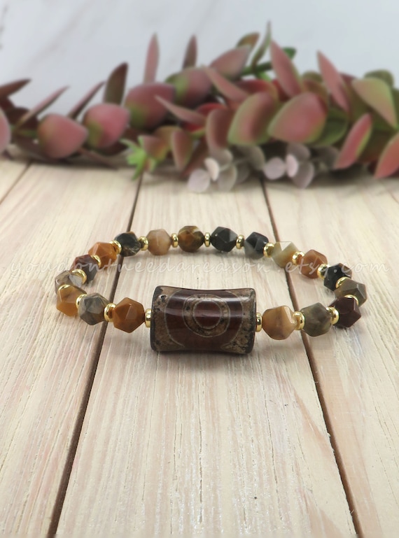 Petrified Wood Bead Bracelet with Silver Spacers - 10mm